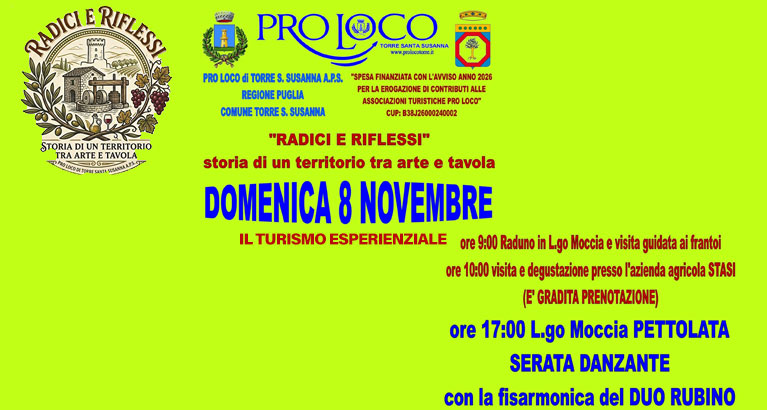 Torre Santa Susanna<br>08 novembre 2026 – L.go Moccia<br>Pro Loco Torre: “Il turismo Esperienziale”
